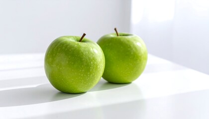 Two green apples on a white surface