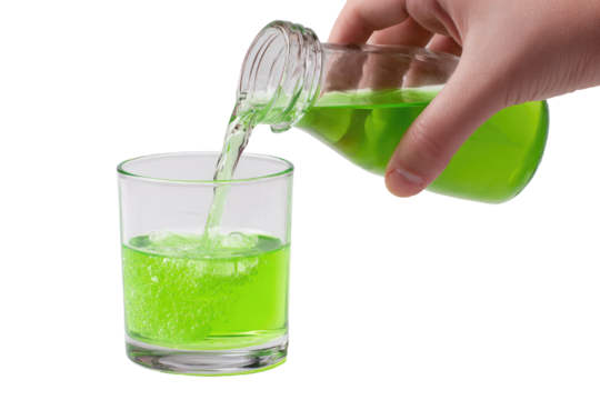 Green liquid being poured from a glass bottle into a glass