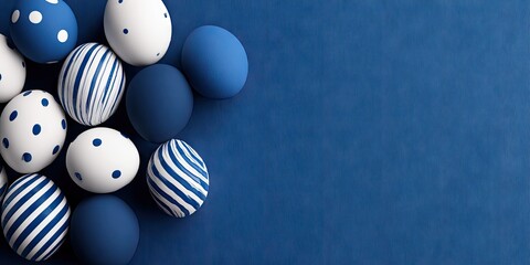 A collection of decorative eggs, showcasing white and navy blue patterns, arranged on a deep blue background.