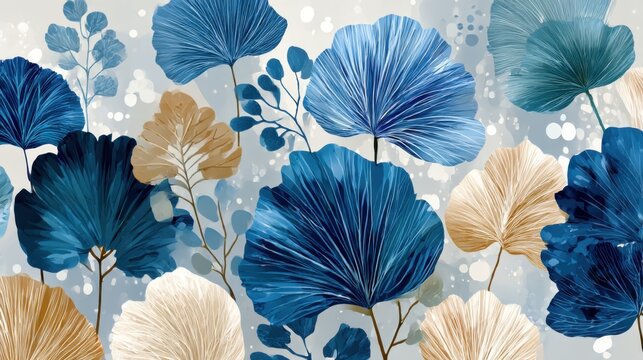 Vibrant floral pattern featuring blue and gold leaves in an elegant design
