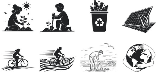 Eco-Friendly Lifestyle Vector Set Featuring Recycling, Tree Planting, Solar Energy, Beach Cleanup, Biking, and Environmental Earth Care Concepts