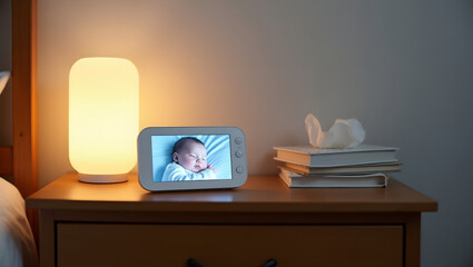 Baby monitor displaying sleeping infant on bedside table with lamp and books in cozy nursery
