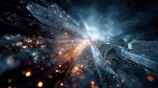 Subglacial rivers of glowing liquid flow beneath geometric ice, casting surreal refractive light patterns.