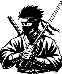 Dynamic vector illustration of a powerful male ninja or warrior with spiky hair and a headband. He holds a katana sword in a bold, black and white design. © Munna_SH