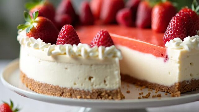 Cake with whipped cream and strawberries on a stand, close-up. Scene. Sliced No Bake Strawberry Cheesecake Decorated with Fresh Berries. Homemade cake made from cream with strawberries and raspberries