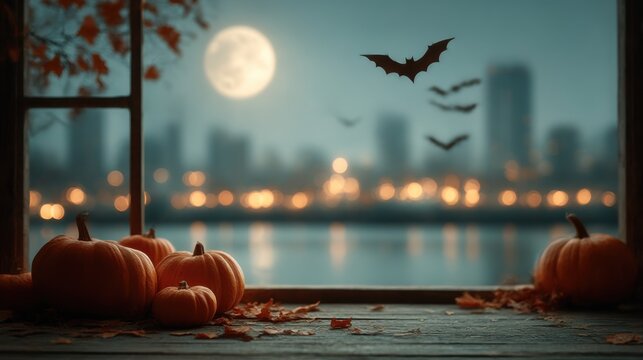 View of bats flying over pumpkins and city skyline under a full moon during Halloween night - Powered by Adobe