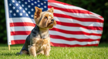 A cute Yorkshire Terrier sitting proudly on the grass in front of an American flag on a sunny day.