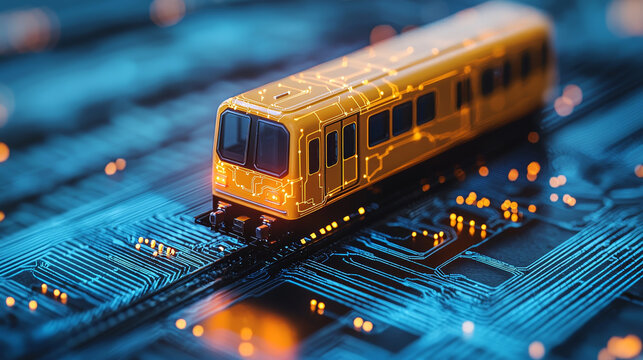 Futuristic sci fi monorail travels across glowing blue circuit board, symbolizing advanced technology and innovation. scene is vibrant and dynamic, with sense of motion