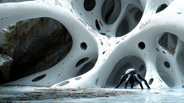 Futuristic robot explores surreal landscape with large, porous structures resembling organic formations. scene evokes sense of curiosity and wonder, blending technology with nature