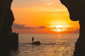 A solitary figure stands on a rock in the ocean under a vibrant orange sunset framed by natural rock formations.
