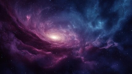 Swirling space dust creates nebula, bright center glow, blue-purple hues create a cosmos