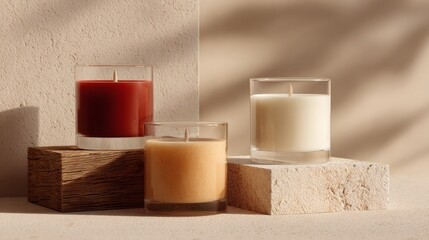 Minimalist Glass Jar Candles on Stone and Wood Pedestals with Warm Sunlit Shadows, Neutral Beige Home Decor Still Life