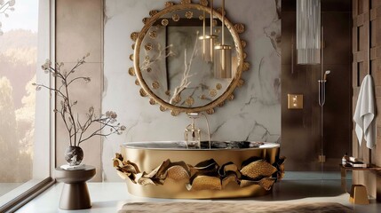 A luxury bathroom featuring a freestanding bathtub, gold accents, and a large round mirror, with natural light streaming through a frosted window, minimalism
