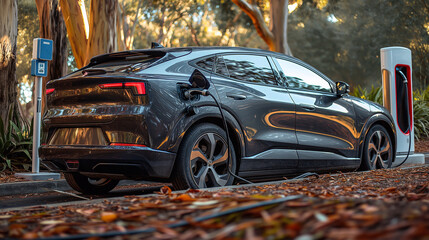 An electric car charging at a public charging station