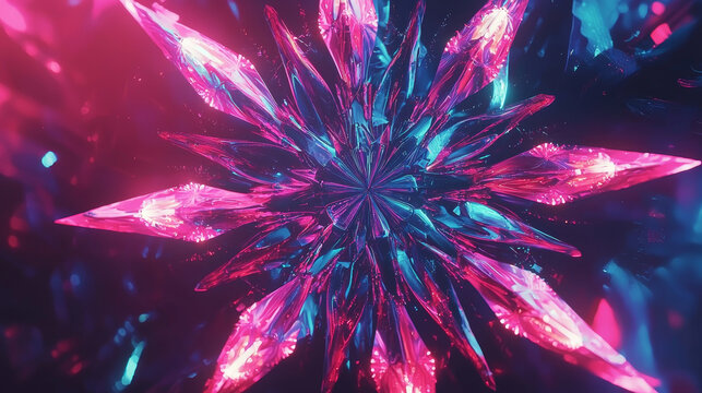 Vibrant, symmetrical crystal pattern radiates with neon pink and blue hues, creating mesmerizing, futuristic design. intricate geometric shapes evoke sense of dynamic energy and modernity