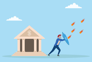Vector illustration of a businessman defending a bank with a shield against falling fireballs, symbolizing financial protection, risk management, and safeguarding institutions from threats
