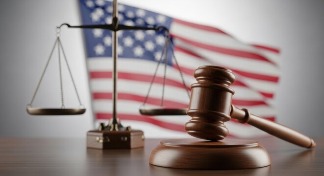 Symbols of American justice: a wooden gavel and balance scales in front of the USA flag.
