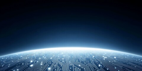 Abstract glowing circuit board pattern on a dark blue background with a bright horizon line