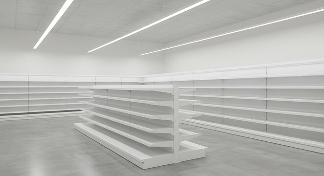 Empty Modern Retail Store Aisle with White Shelves and Bright Lighting.