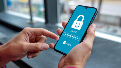 Person Using Smartphone for Face ID Login mobile technology