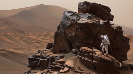 An astronaut in a space suit examining a strange rock formation on Mars