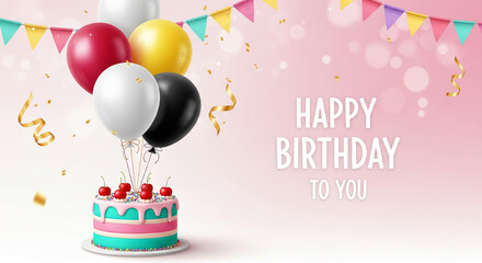 Birthday cake with colorful balloons and confetti on pink background, showcasing festive celebration and joy, ideal for birthday greetings or invitations