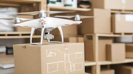 Drone Hovering Over Cardboard Box in Warehouse