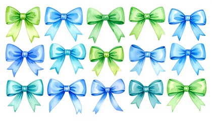 Watercolor bows in various shades of blue and green