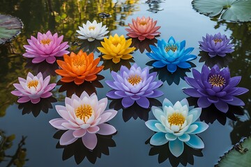 Obraz premium Vibrant display of floating lotus flowers in a serene pond showcasing a colorful array of blooming aquatic plants