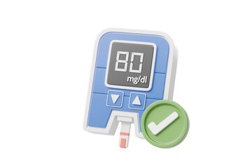 3d glucometer with blood drop showing 80 mg dl and green check mark. diabetes test, normal blood sugar level, healthy result, healthcare and medical monitoring concept. 3d render.