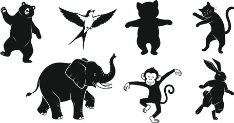 Vector silhouette set of dancing and playful animals including bear, monkey, elephant, cat, bird, rabbit – black and white illustration
