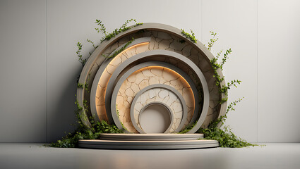 Concentric circular concrete frames adorned with lush green ivy, set against a clean white wall and a minimalist grey platform, creating a natural and architectural display