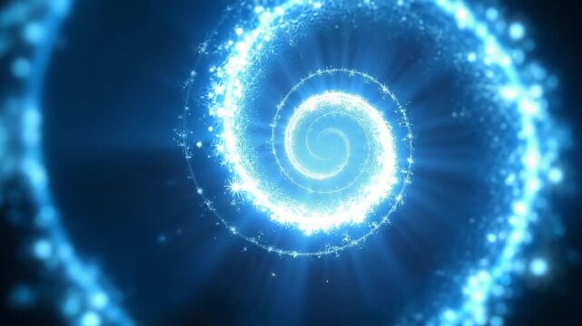 Abstract spiral burst of light and particles swirling in deep blue space, evoking a sense of cosmic energy and dynamic motion