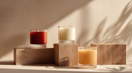 Minimalist Glass Jar Candles on Wooden Pedestals with Leafy Sunlit Shadows, Neutral Beige Home Decor Still Life