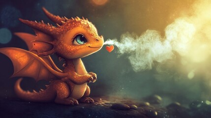 Cute, small dragon blowing a heart-shaped puff of smoke.  A heartwarming, fantasy scene