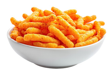 Pile of orange, spicy snacks in a white bowl