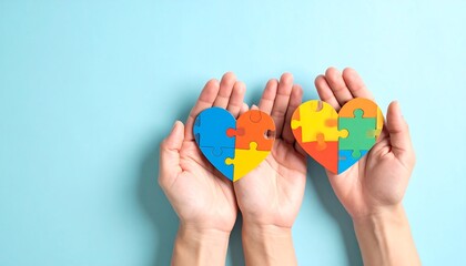 Two hands holding colorful puzzle hearts on a light blue background
