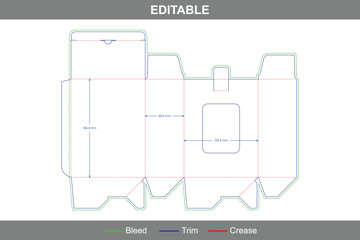 Auto lock bottom window display box dieline template, custom dimensions folding carton packaging design for retail packaging with accurate packaging die line