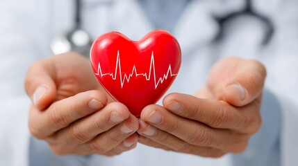 Fototapeta premium Caring Hands Hold Heart with Heartbeat Line, Healthcare Professional Offers Support and Protection for Cardiac Wellness