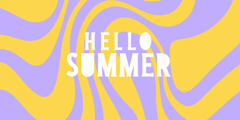 Hello summer text on a vibrant wavy psychedelic background in yellow and purple colors