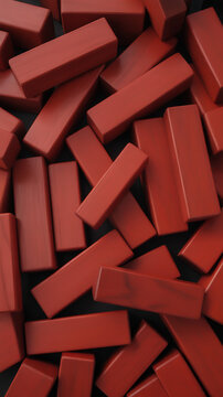 Abstract Background of Scattered Red Wooden Blocks from a Tumbling Tower Stacking Game