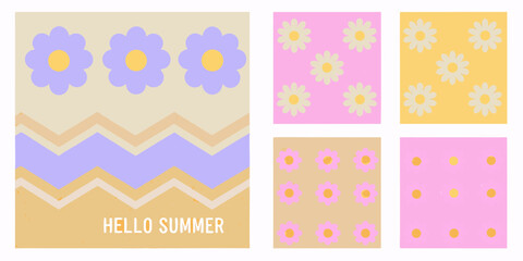 Retro inspired hello summer design with daisy flower patterns and chevron stripes