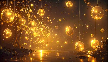 Golden glowing orbs, magical forest scene
