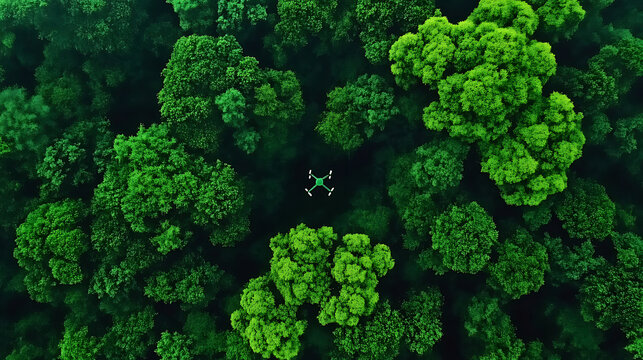 Aerial View of a Drone Hovering Over Lush Green Forest
