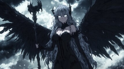 Obraz premium Dark angelic figure with wings and staff