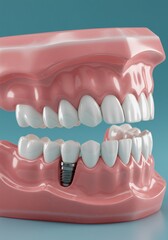 Obraz premium Close up of a dental implant and missing tooth in a realistic denture model against a blue background