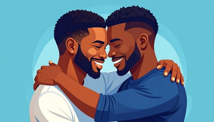 Two happy Black men embracing. Close-up, illustration