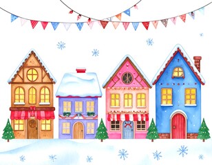 Watercolor Christmas village scene