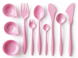 Pink Plastic Cutlery Set Flatlay, Spoons, Forks, Knives, and Measuring Cups