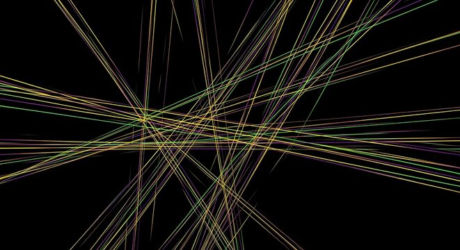 A complex abstract pattern formed by numerous randomly intersecting yellowish-green and subtle orange neon lines against a solid black background, conveying a digital aesthetic.